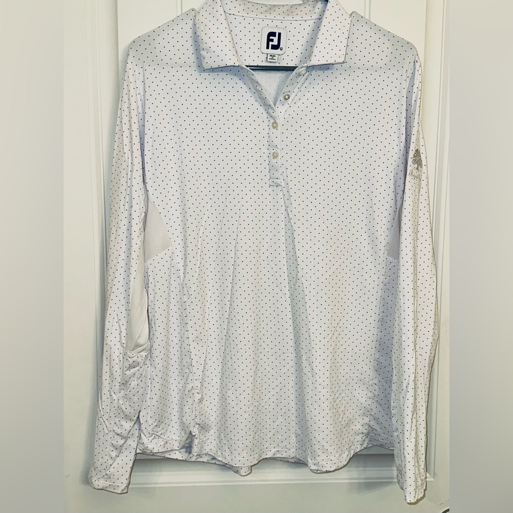 FootJoy women’s white w/ blue micro dots, long sleeve polo. Size XL